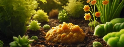 small amount of dog vomit slime mold on the soil in a garden setting