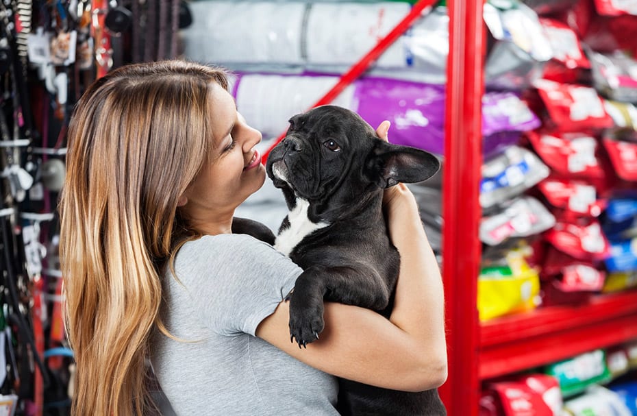Happy Woman Carrying French Bulldog At Store